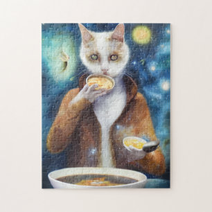 Katt i snabbkostande mat soppa gjord av galaxer pussel