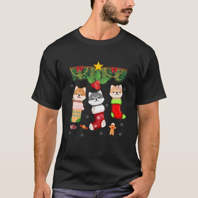 Katt i Sock Santa jul Pajamas Ljus Funny H T Shirt (Framsida)