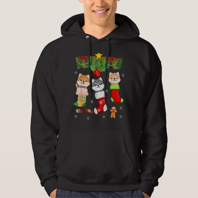Katt i Sock Santa jul Pajamas Ljus Hoodie (Framsida)