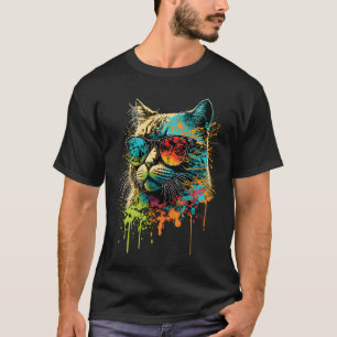 Katt i solglasögon Abstrakt tryck Regnbåge Musik K T Shirt