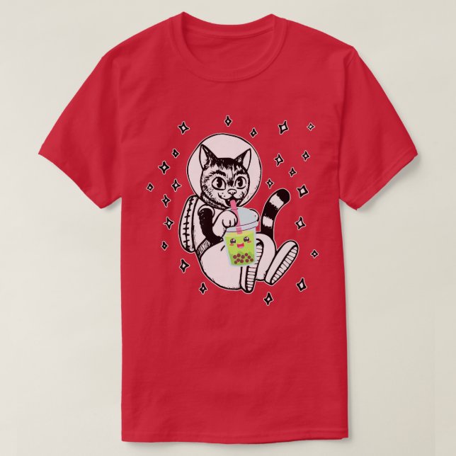 Katt i Space Boba Tea Bubble Anime Kawaii 708 T Shirt (Design framsida)