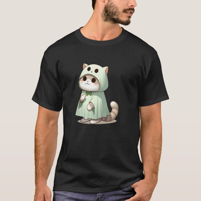Katt i spökdräkt för Halloween T Shirt (Framsida)