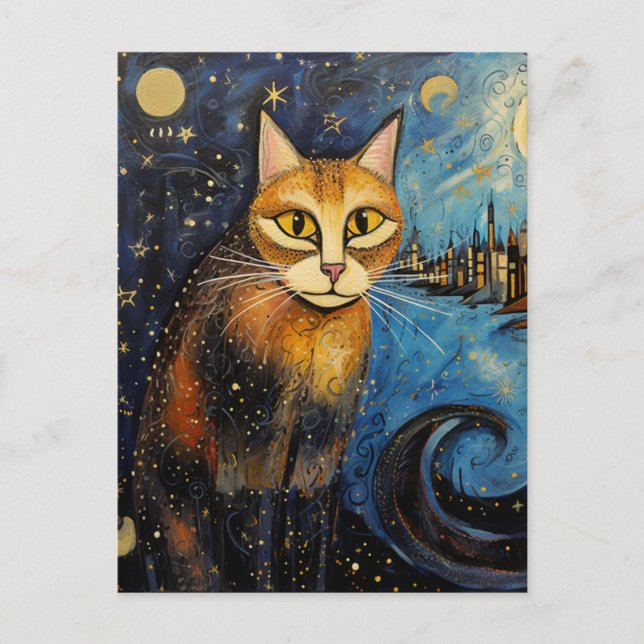 Katt i Starry Night City Vykort (Framsida)