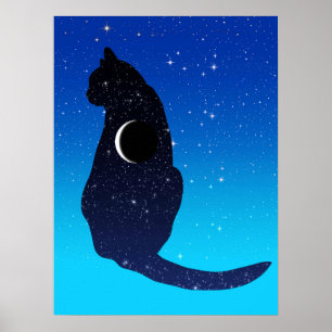 Katt i Stars och Crescent Måne Mönster Poster