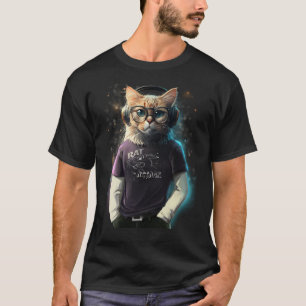 Katt i t-shirt, hörlurar och glas t shirt