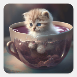 Katt i tekopp Kitten i en Tekopp Cat Stickers Fyrkantigt Klistermärke