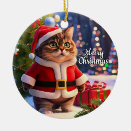 Katt i tomtekläder julgransprydnad keramik