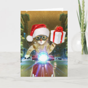 Katt i tomteluva levererar julpresent kort