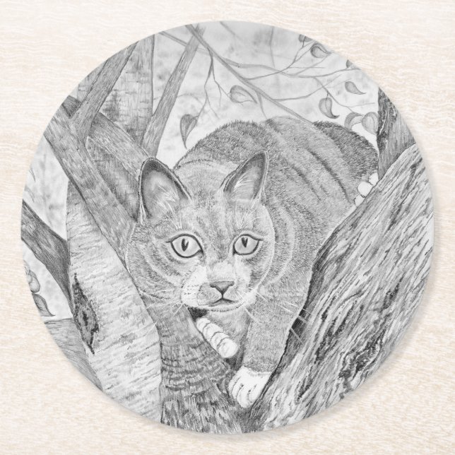 Katt i Träd Underlägg Papper Rund (Framsidan)