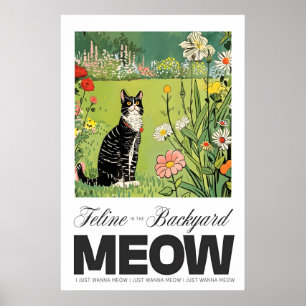Katt i trädgård Konsttryck Whimsical Katt & Blomma Poster