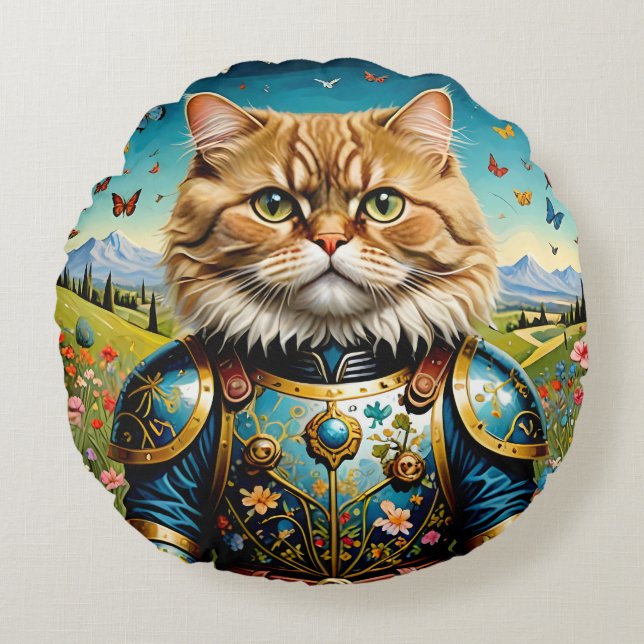 Katt i trädgården för öronbelysning rund kudde (Framsidan)