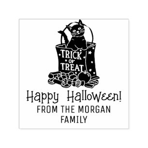 Katt i trick or treat-påse Glad Halloween önskar N Självfärgande Stämpel