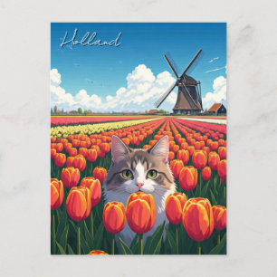 Katt i Tulip Fält Holland Nederländerna Vykort