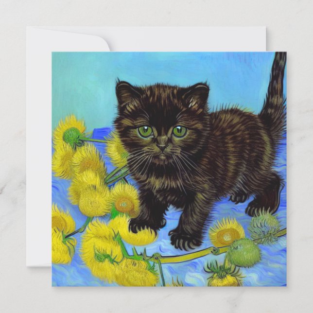 Katt i Van Gogh-stil med solrosor Inbjudningar (Framsida)