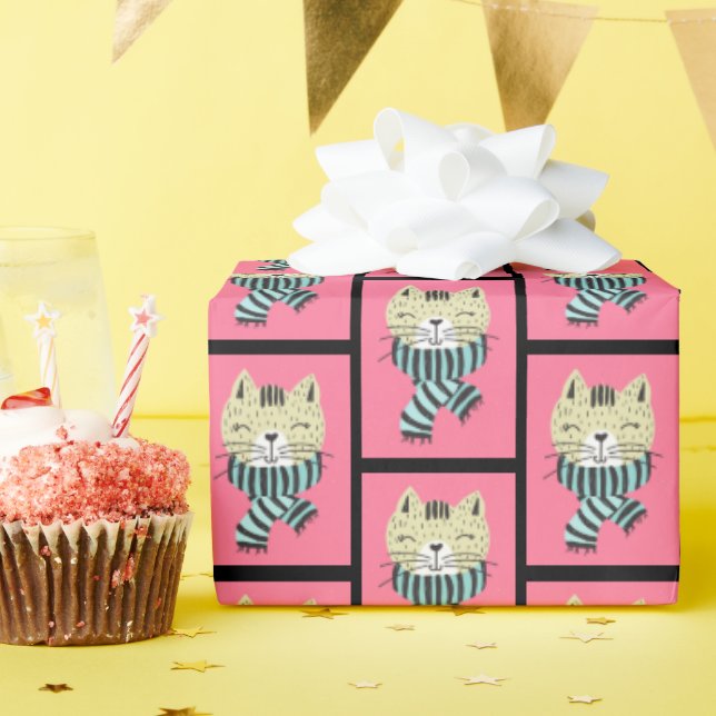 Katt i vinterscarf presentpapper (Födelsedagsfest)