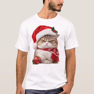 Katt iförd jultomtehatt och ser irriterad ut t shirt