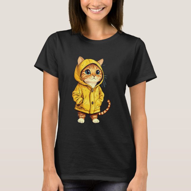 Katt iförd regnrock t shirt (Framsida)