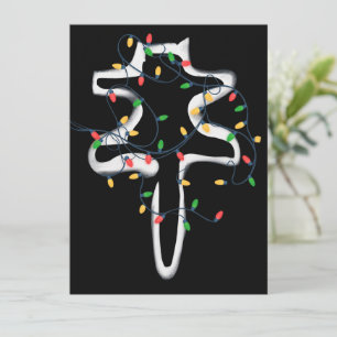 Katt insvept i julgransbelysning Jul Roligt Julkort