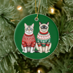 Katt jul Ornamet, Tabby och siamesisk katt Julgransprydnad Keramik