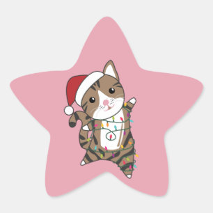 Katt jul, Snö, vinterdjur - Katt Star Sticke Stjärnformat Klistermärke