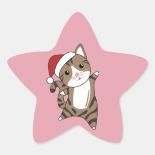 Katt jul, Snö, vinterdjur - Katt Star Sticke Stjärnformat Klistermärke