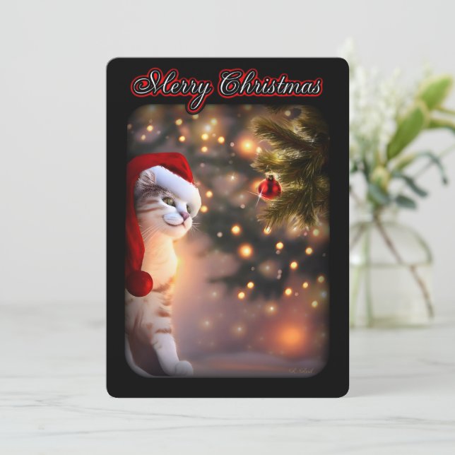 Katt Juli Cute Helgdag Ornamet Julafton Träd Snö Inbjudningar (Stående Fram)