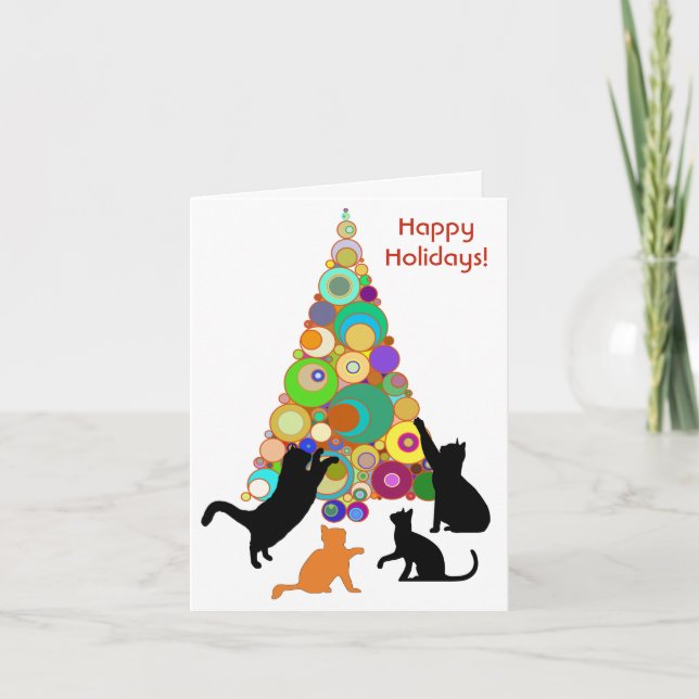 Katt julkort som rinner runt julklappen helgkort (Framsida)