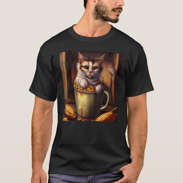 Katt Kaffe Majs På Majskolv T Shirt (Framsida)