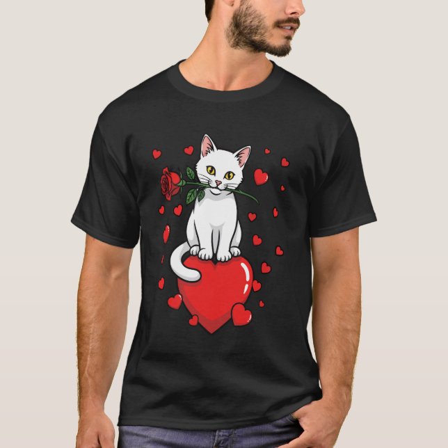 Katt Kärlek Hjärta Ros Söt Katt T Shirt (Framsida)