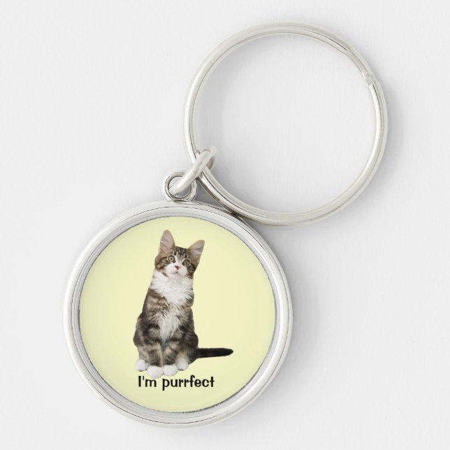 Katt Keychain Rund Silverfärgad Nyckelring (Framsidan)