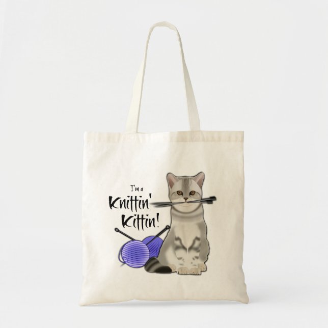 Katt Knitting bag-bomull, med handtag blå Tygkasse (Framsidan)