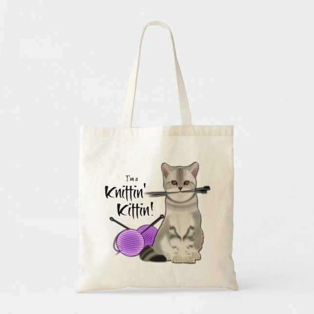 Katt Knitting bag-bomull, med handtag, lila Tygkasse (Framsidan)