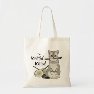 Katt Knitting bag-bomullstuss med handtag av taupe Tygkasse