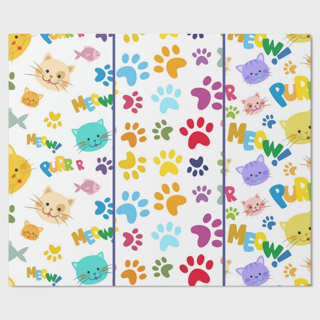 Katt kött presentpapper (A vibrant and playful cartoon pattern featuring an array of colorful cat faces, paw prints.)