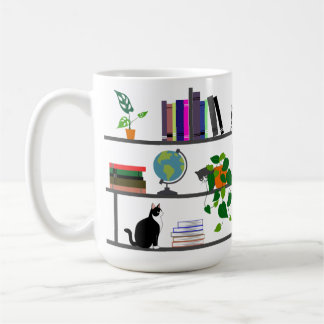 Katt Ljugande på en bokhylla, ett katt Bok och ett Kaffemugg