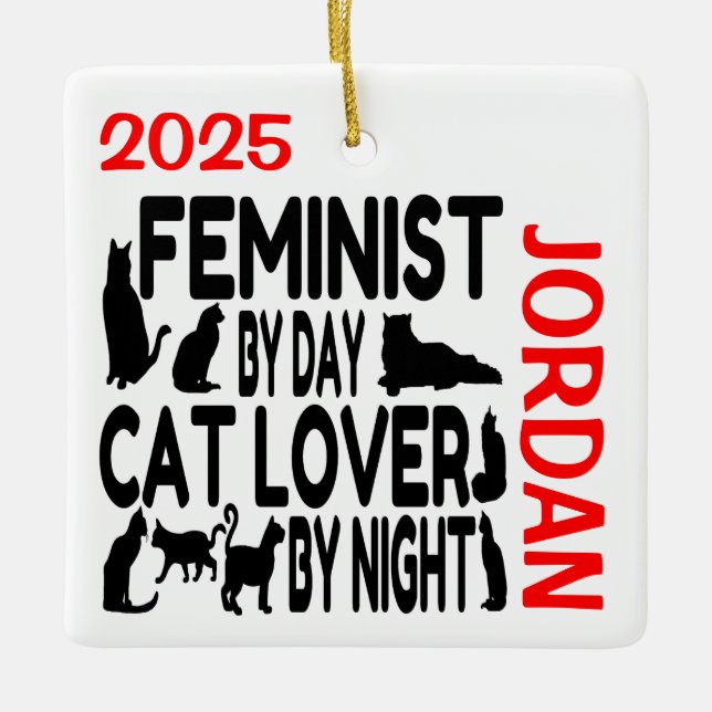 Katt Lover Feminist ANPASSNINGSBAR Julgransprydnad Keramik (Framsida)