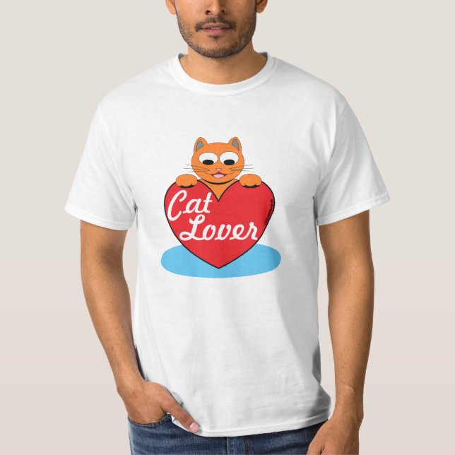 Katt Lover Orange Tecknad Katt med rött hjärta T Shirt (Framsida)