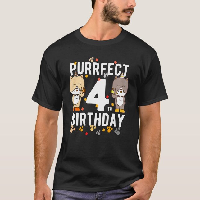 Katt Lycklig 4e födelsedagen 4 år gammal födelseda T Shirt (Framsida)