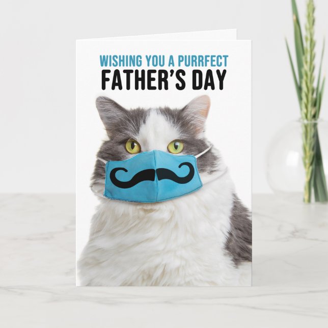 Katt lycklig Fars dag i Mustache Ansikte Mask Helgkort (Framsida)
