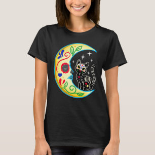 Katt & Mån Socker Skalle Dia de Los Muertos Dag fö T Shirt