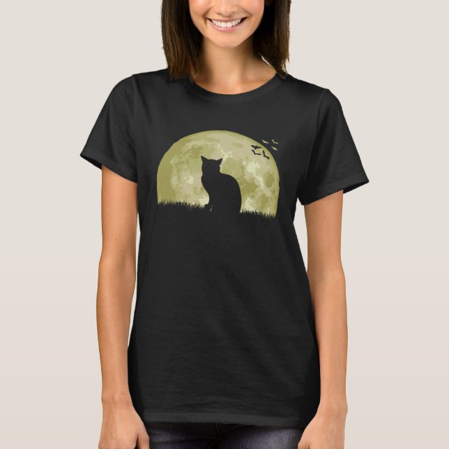 Katt Månad Ljus Natt T Shirt (Framsida)