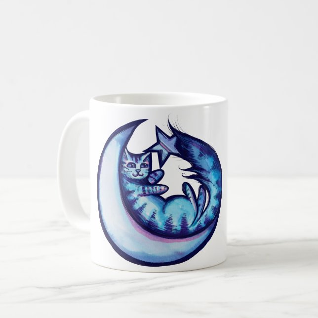 Katt Måne Caturday Stjärna Konst Lila MoonCat      Kaffemugg (Framsida vänster)