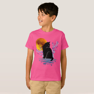 KATT MÅNE I BLOMSTRANDE BLOMMA SVARTA KATTENS ÄLSK T SHIRT
