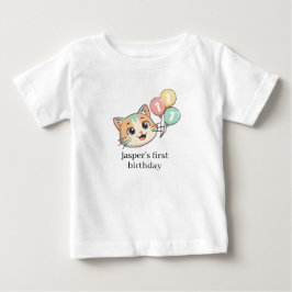 Katt med 3 Blå Ballonger 1-års Födelsedag T Shirt