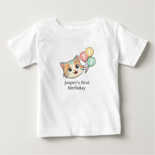 Katt med 3 Blå Ballonger 1-års Födelsedag T Shirt
