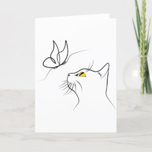 Katt med Abstrakten Butterfly minimalistic Lineart Helgkort