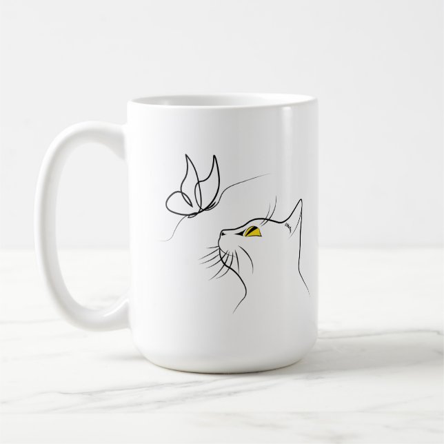 Katt med Abstrakten Butterfly minimalistic Lineart Kaffemugg (Vänster)