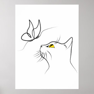 Katt med Abstrakten Butterfly minimalistic Lineart Poster