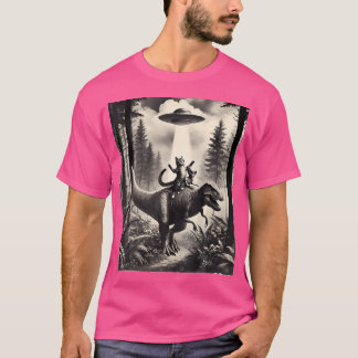Katt med Alien Riding Dinosaur T- Rex. Kat och Ufo T Shirt