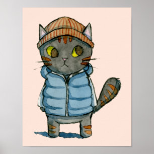 Katt med Beanie och Nere Vest Watercolor Poster